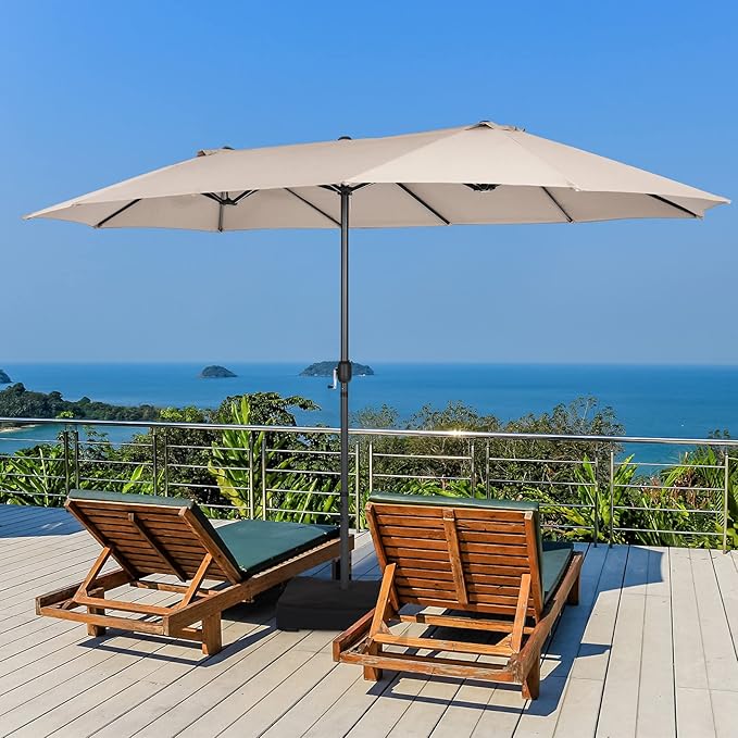 Tangkula 15FT Double-Sided Patio Umbrella, Outdoor Market Umbrella W/Hand-Crank System & Enhanced Base, Ultra-Large Twin Garden Umbrella W/ 12-Rib Structure for Residential & Commercial Use (Beige)