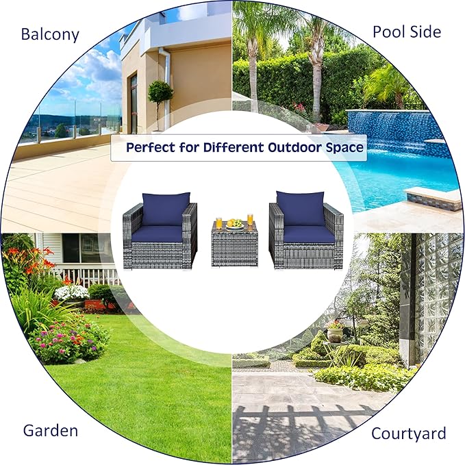 DORTALA 3 Pieces Patio Furniture Set, Outdoor Rattan Sofa Couch Set with Cushions, Tempered Glass Coffee Table, Wicker Patio Conversation Set for Lawn Backyard Poolside Balcony, Navy