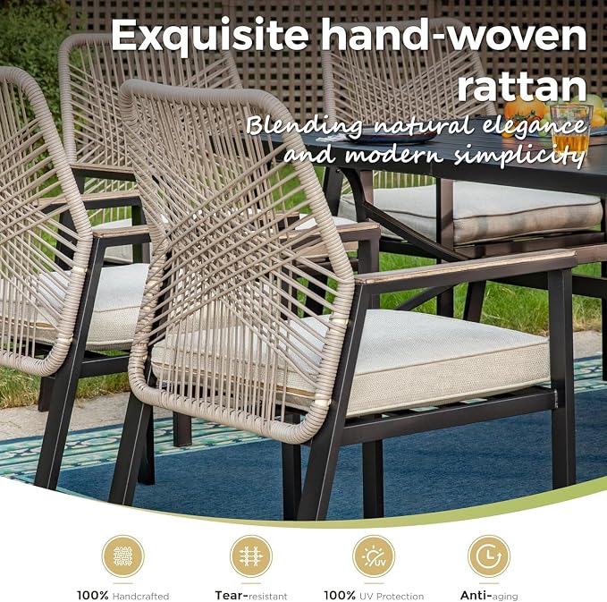 MIXPATIO 9 Pcs Outdoor Dining Set, 8 Rattan Fixed Chairs with Soft Cushion and 57.5" Square Table with Umbrella Hole, Patio Table and Chairs for Backyard Porch