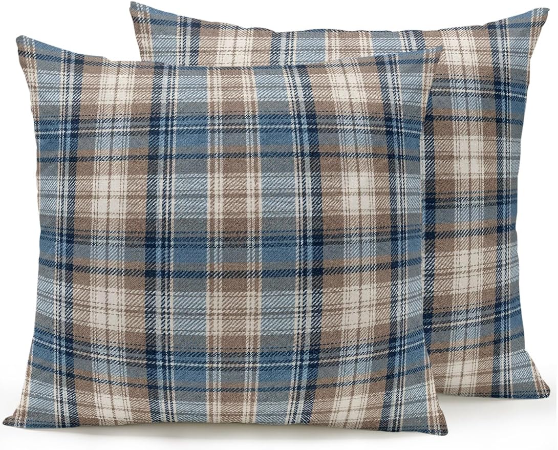 Waterproof Outdoor Pillow Set of 2 Beige Checked Plaid Decorative Throw Pillows Cover & Insert 16x16 Inch Pillowcase Stripes Woven Grid Square Pillows for Couch Sofa Bed Patio Furniture Indoor Outdoor
