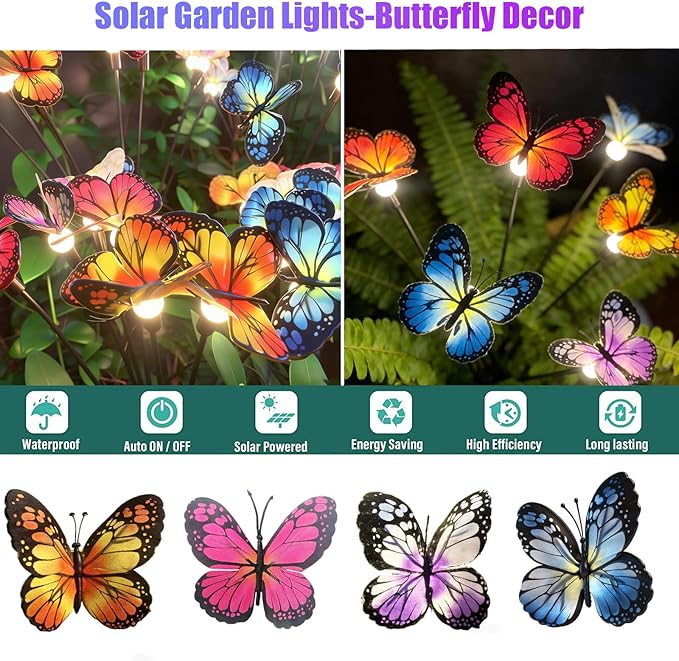 Solar Butterfly Ligths Outdoor 4 Pack 32LED Solar Power Garden Lights Firefly Butterfly Swaying Light 8 Modes Realistic Butterflies Decor for Yard Outside landscaping Patio Pathway Decorations, Warm