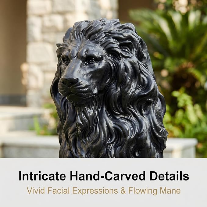 20.5" Black Lion Statue, Resin Outdoor Guardian Sculpture | Weather-Resistant Finish, Simulated Animal Decor, For Villa Garden Park Resort, Home Courtyard