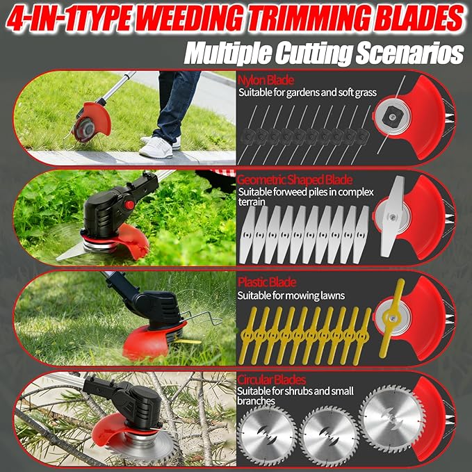 Electric Weed Wacker Cordless Eater, 21V String Trimmer Battery Powered with 2 Batteries, 3-in-1 Grass Trimmer/Lawn Edger/Brush Cutter with 4 Types Blades & Wheels, Weed Trimmer for Garden and Yard
