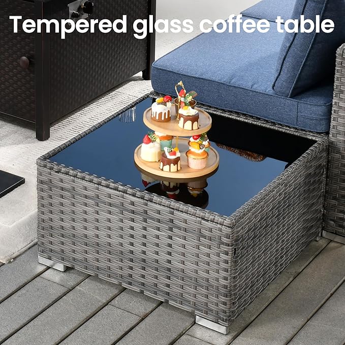 8 PCS Outdoor Patio Furniture Sets with 42'' Fire Pit Table,Wicker Weather Resistant Patio Conversation Set with Comfy Cushions,Modular L Shaped Sofa with Coffee Table for Yard,Denim Blue