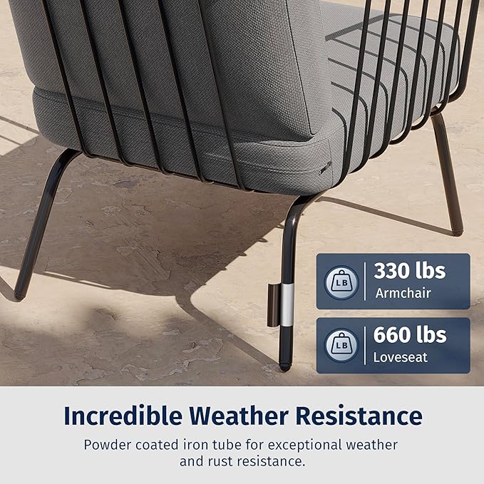 East Oak 4-Piece Plaza Patio Furniture Set, Outdoor Furniture with Thick Cushion Sofa and Coffee Table, Modern Patio Conversation Set for Balcony, Poolside and Yard, Black & Grey