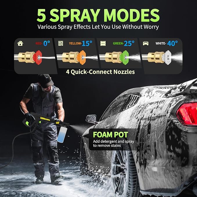 𝟓𝟎𝟎𝟎𝐏𝐒𝐈 𝐏𝐫𝐞𝐬𝐬𝐮𝐫𝐞 𝐖𝐚𝐬𝐡𝐞𝐫 Cleaner, Portable Car Washer with 4 Quick Connect Nozzles, Foam Cannon for Car Driveway Patio Fence (Green)