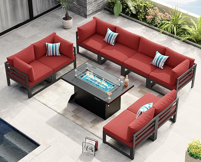NICESOUL 8 Seat Modern Aluminum Patio Furniture Set with Fire Pit Table, 500 lbs Heavy Duty Outdoor Sectional Sofa, 29" Deep Wide Oversized Seating L Shaped Conversation Couch for Deck Lawn, Burgundy