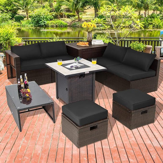 COSTWAY 9 Piece Patio Furniture Set with 30'' Fire Pit Table, Outdoor Wicker Rattan Sectional Sofa Set with 4'' Thickened Cushions, 2 Coffee Tables and 2 Ottomans for Poolside Backyard (Black)