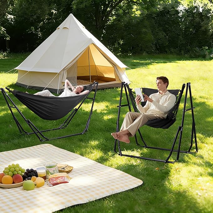Hammock with Portable Steel Stand and Carrying Bag for Outside,Easy Set Up for Outdoor,Indoor,Backyard,Patio,Camping,Garden,Trip (Black)