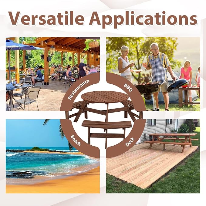 HRVEOCEI 8-Person Round Picnic Table with 4 Built-in Benches & Umbrella Hole, Wooden Picnic Tables for Outdoors, Patio, Backyard, Garden, 66.92"X66.92"X27.55, 2220lb Capacity (Round, Brown, 6-Person)