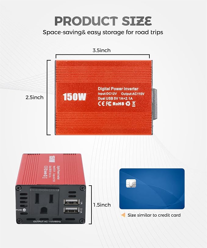 Power Inverters for Vehicles,Car Accessories,150W Car Power Inverters with 3.1A Dual USB,12V DC to 110V AC Converter Vehicle Adapter,Suitable for Most Cars,RVs,Trucks and More