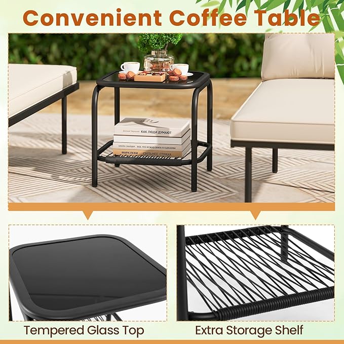 Tangkula 3-Piece L Shaped Patio Furniture Set, PE Rattan Sectional Sofas with Tempered Glass Table, Back and Seat Cushions, Outdoor Conversation Set for Porch, Backyard and Poolside