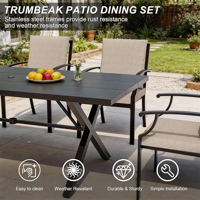 8 Pieces Patio Dining Set with Brown Umbrella,Outdoor Furniture Set Includes Hole Cut-Out Table and 4 Metal Backrest Chairs and 2 Swivel Chairs for Backyard,Garden,Poolside,Brown
