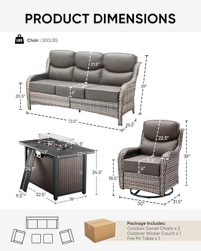 HUMMUH 4 Pieces Patio Furniture Set with Fire Pit High Back Outdoor Furniture Set 6-inch Cushions Wicker Patio Swivel Rocker Chairs for Balcony Garden,Lawn,Deck