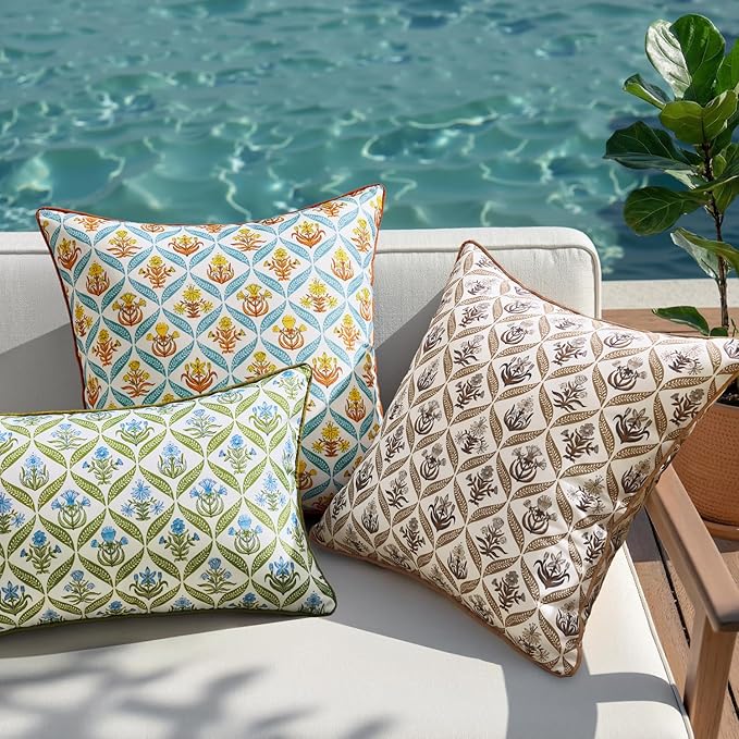 ANRODUO Floral Outdoor Waterproof Pillow Covers Set of 2 Brown 20x20 Inch | Square Block Print Decorative Cushion Cases With Refined Edge Piping for Summer Patio Porch Garden Couch Sofa Bench Decor