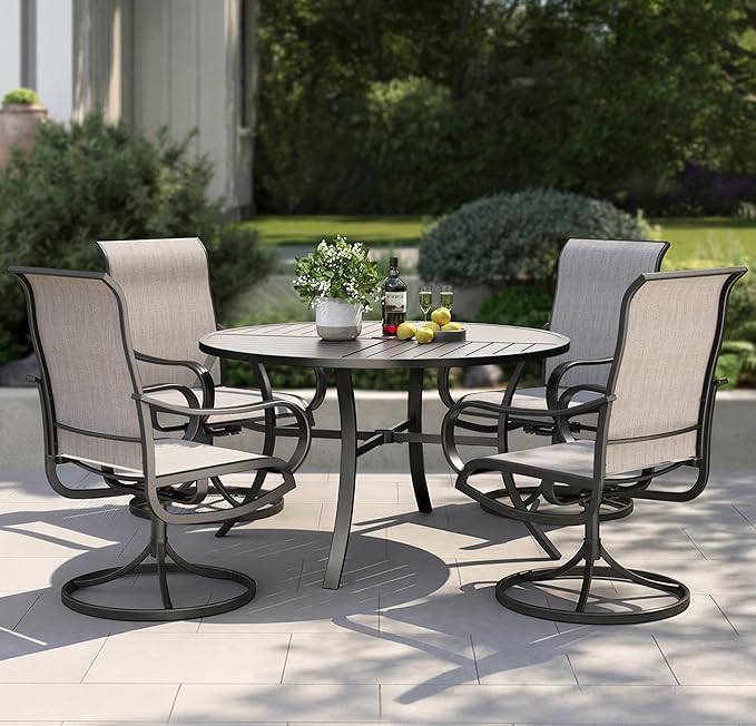PHI VILLA 5 Piece Outdoor Patio Dining Set with 4 Swivel Dining Chairs & 1 Large Round Dining Table, Gray Textilene Mesh Fabric Chair and Round Metal Table for All Weather Deck Lawn Garden