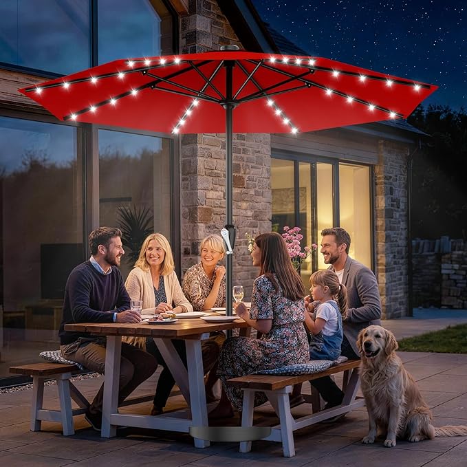 AreShark 12FT Large Patio Umbrella with Solar Lights, Solar Powered Outdoor Umbrella with Crank, Patio Table Market Umbrellas for Garden, Deck, Backyard, Pool and Beach, Red
