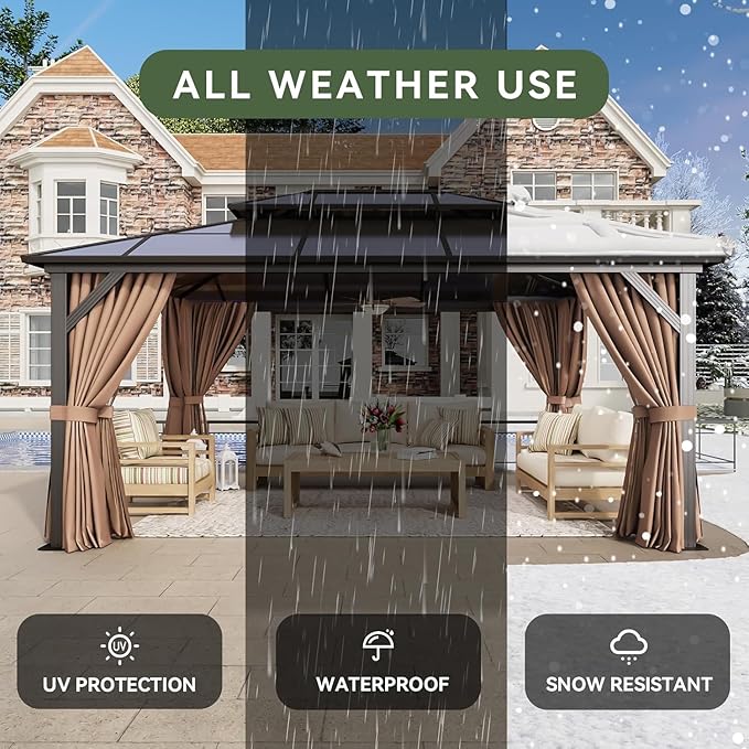 Aoxun 12'x16' Hardtop Gazebo, Outdoor Metal Gazebo with Double Polycarbonate Roof Canopy, Permanent Pavilion with Netting and Curtains for Lawn, Garden, Patio (Brown)
