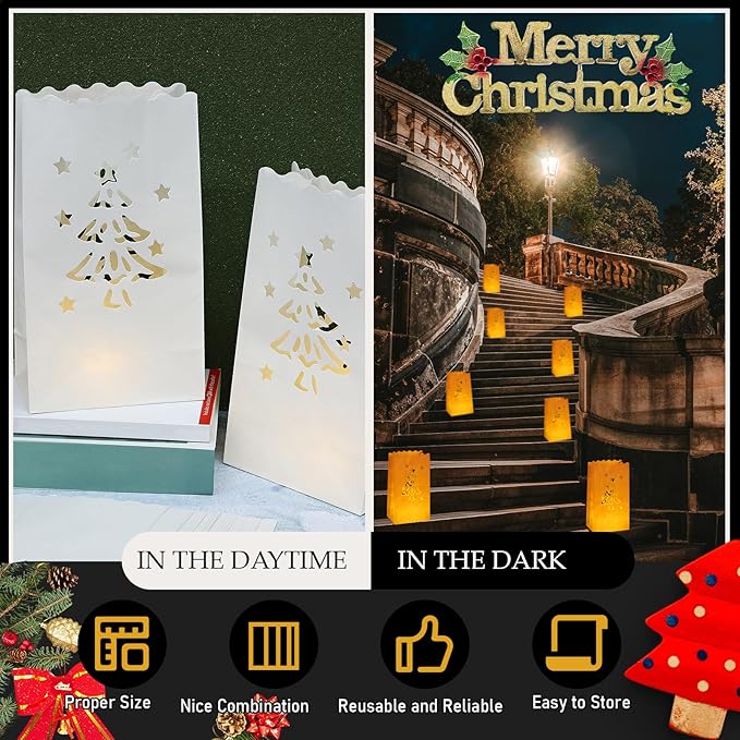 Sabary 50 Sets Luminary Bags with Flameless Tea Lights Outdoor Luminaries LED Lantern Candle Bags for Wedding Birthday Ramadan Christmas Party Decorations Romantic Decor(Xmas Tree)
