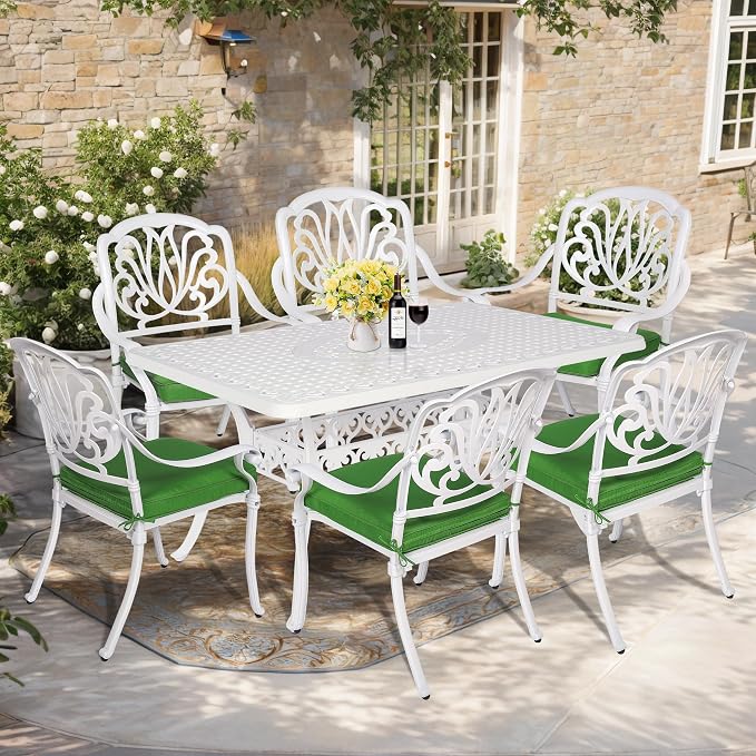 7-Piece Outdoor Patio Dining Set, 60” Rectangular Cast Aluminum Dining Table with Umbrella Hole and 6 Outdoor Dining Cushioned Chairs, Patio Funiture Set for Backyard, Patio, Garden, White