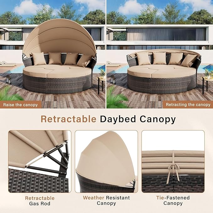 Patio Round Daybed with Canopy, Outdoor Wicker Rattan Sectional Sofa Set with Cushions, Patio Conversation Set for Backyard, Porch, Pool (Brown)