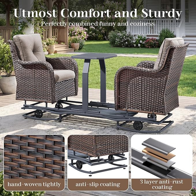 Rilyson Luxury Wicker Outdoor Conversation Set with Glider Rocker Chairs, 5 Pieces Patio Furniture Set with Rattan Swivel Rocker Chairs and Ottomans All Weather Brown/Beige