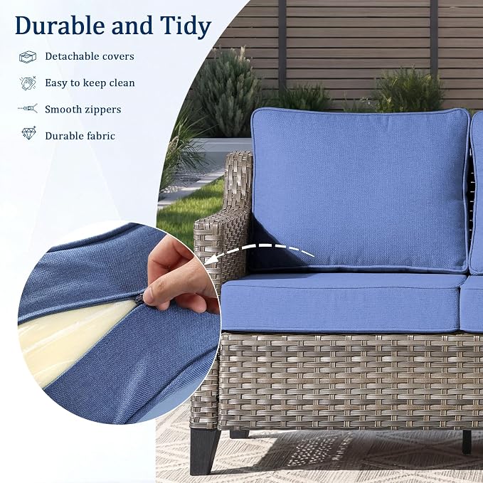 Luxury Patio Furniture Sofa Set - 3 Pieces All Weather Wicker Outdoor Couch and High Back Patio Sofa with 2 footstools for Deck Yard and Poolside Gray Wicker | Blue Cushions