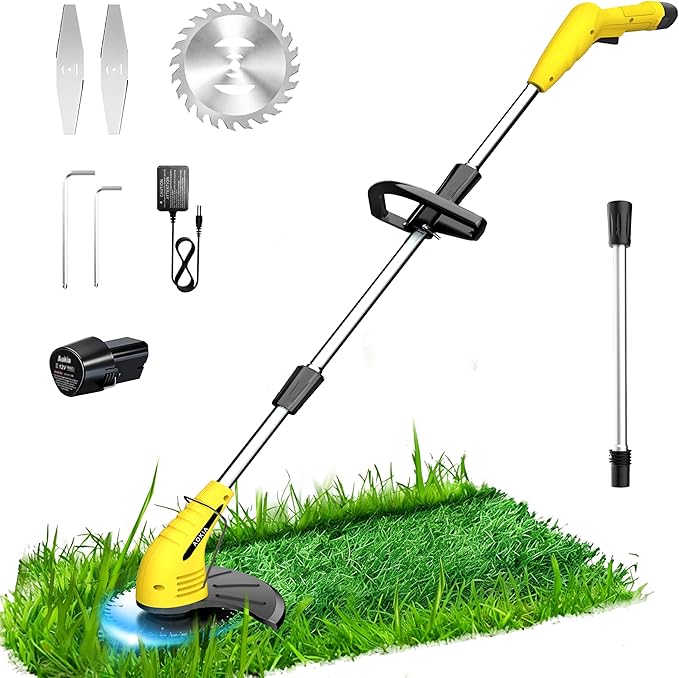 Aokia Electric Weed Wacker Cordless, 12V Battery Powered Weed Eater Cordless with Adjustable Pole (65inch), Lightweight Grass Trimmer Cutter/Edger/Mower with 2 Types Blade for Garden, Yard Lawn Work