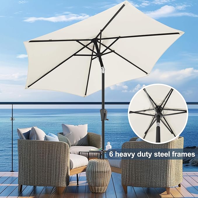 FLAME&SHADE 9ft Patio Umbrella Outdoor - Table Umbrella with Push Button Tilt and Crank, UV Protection, 6 Sturdy Ribs, Market Umbrella for Garden, Deck, Backyard, Lawn, Pool and Beach(Ivory)