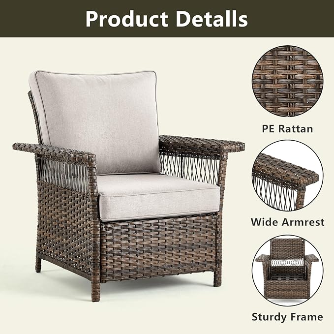 Outdoor Patio Chairs Wicker Chair - 2 Piece Rattan Patio Furniture Chairs Set with Sturdy Frame,All-Weather PE Wicker and Comfortable Cushions for Outside Porch Deck Balcony(Brown/Beige)