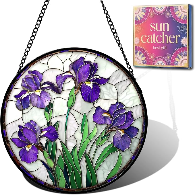 Birthday Gifts for Women - Purple Iris Faux Stained Glass Window Hanging Sun Catcher for Door Garden Acrylic Flower Decor Mother's Day Christmas for Mom Nana Friend Grandma Wife 9.8"