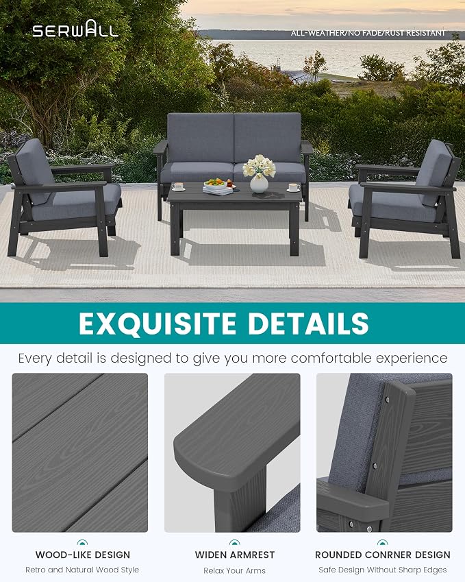 SERWALL HDPE Outdoor Furniture Set 4, All Weather Wood-Like Outdoor Sofa Sectional Couch, Grey Patio Furniture Set with Grey Cushions