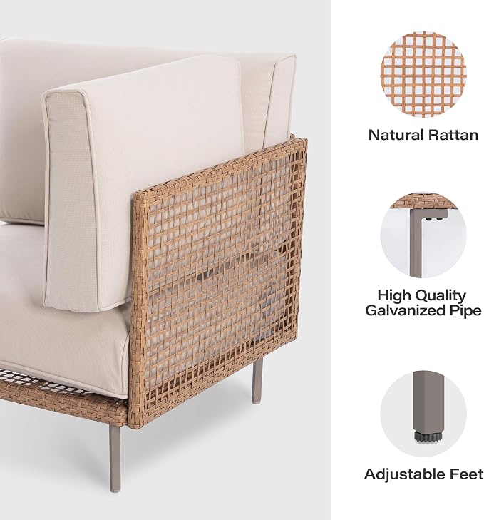 LAUSAINT HOME 7-Piece Outdoor Patio Furniture Set, Wicker Outdoor Conversation Set PE Rattan Sectional Sofa with Washable Cushions and Tempered Glass Table for Garden (Beige)