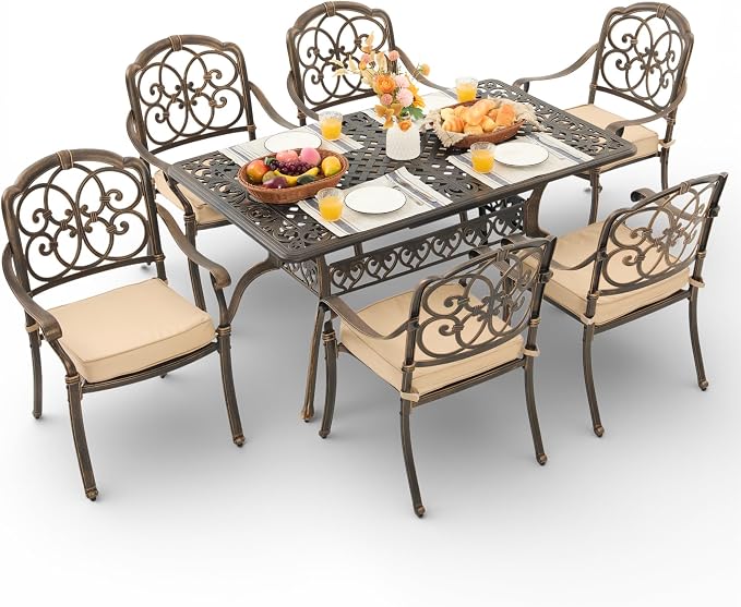 7-Piece Cast Aluminum Outdoor Dining Set, 60" Rectangular Table with 2 Umbrella Holes & 6 Stackable Chairs with 2.75" Cushions, Antique Brass Rustproof Patio Furniture for Garden