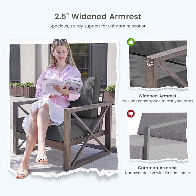 UDPATIO 6 Piece Aluminum Patio Furniture Set 7 Seats Modern Outdoor Furniture Faux Wood Grain Patio Conversation Sets with Olefin Fabric Thick Cushions, 600D Waterproof Cover Included, Dark Grey