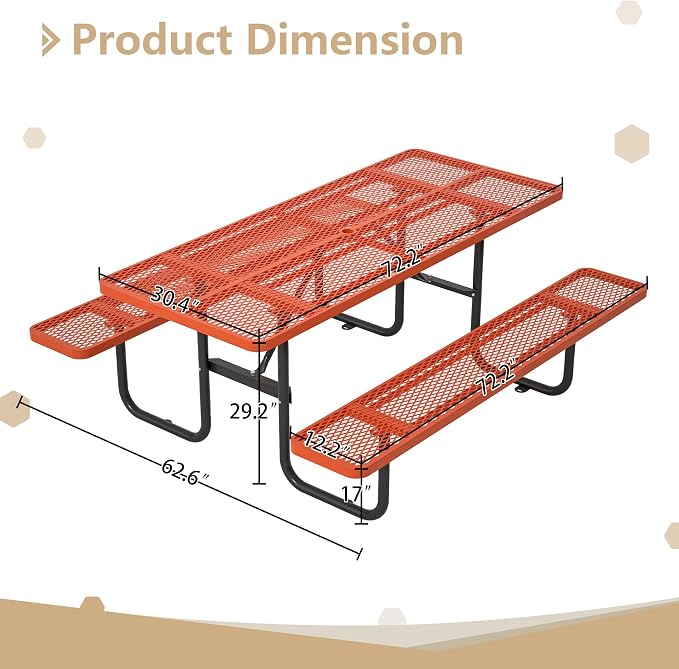 72'' Rectangular Metal Picnic Table with 1.73" Umbrella Hole, Commercial Grade Steel Mesh Table Set, Weather Resistant Sturdy, Round Corner Design for Patio, Garden, Courtyard & BBQ, Orange