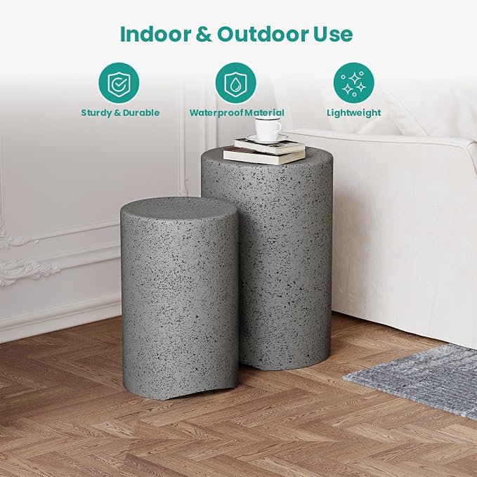 SUNBURY Concrete Side Table Set of 2, Outdoor Side Table Nesting for Patio, Outdoor Accent End Patio in Spotted, Ceramic Garden Stool for Yard, Pool, Round, Grey