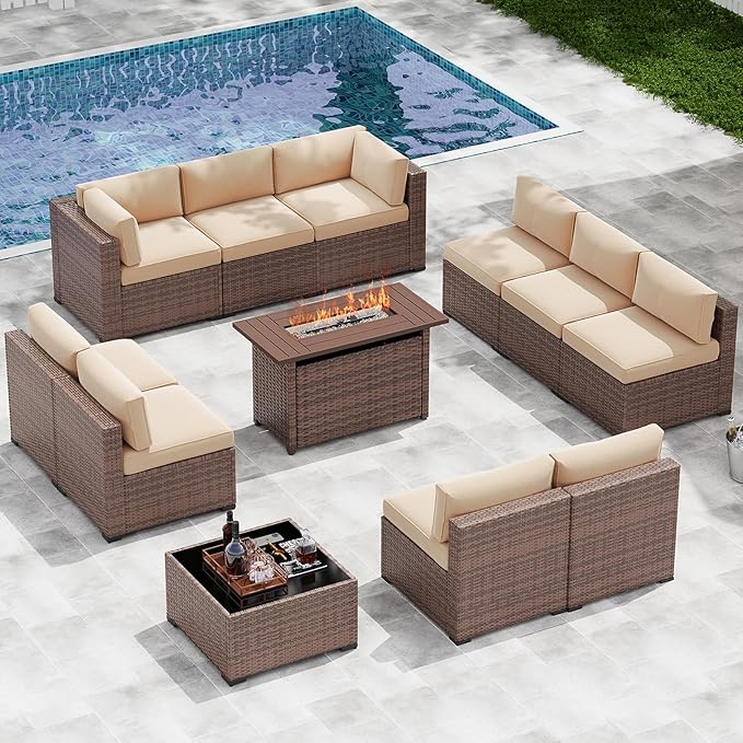 LazySunsets 12-Piece Patio Furniture Set with 44" Fire Pit Table, Wicker Outdoor Furniture, Patio Conversation Sets with Coffee Table, Outdoor Sectional Couch with Waterproof Cover, Beige