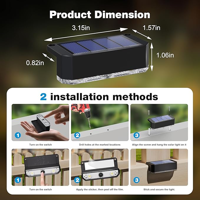 Peasur 8 Pack Solar Fence Lights Outdoor, Deck Light Solar Powered, Waterproof Led Riling Solar Lights for Outside Step Yard, Warm White
