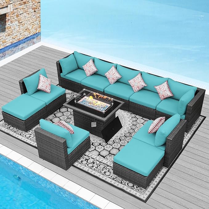 NICESOUL 11 Piece Outdoor Furniture Sets with Natural Gas/Propane Firepit, XXL 10-Seats Patio Sectional, 29.3'' High-Back Backyard Seating, All-Weather Wicker Couch Set for Outside, Deck, Grey & Teal