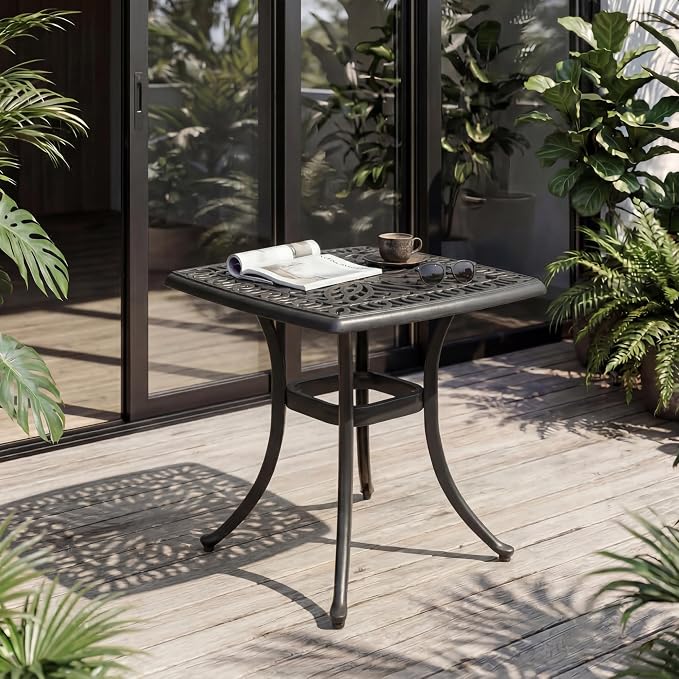 Cast Aluminum Bistro Table, Small Outdoor End Table, Rustproof Weather Resistant Patio Coffee Table, 21Inch Side Table for Indoor Garden Porch Balcony Backyard,Black