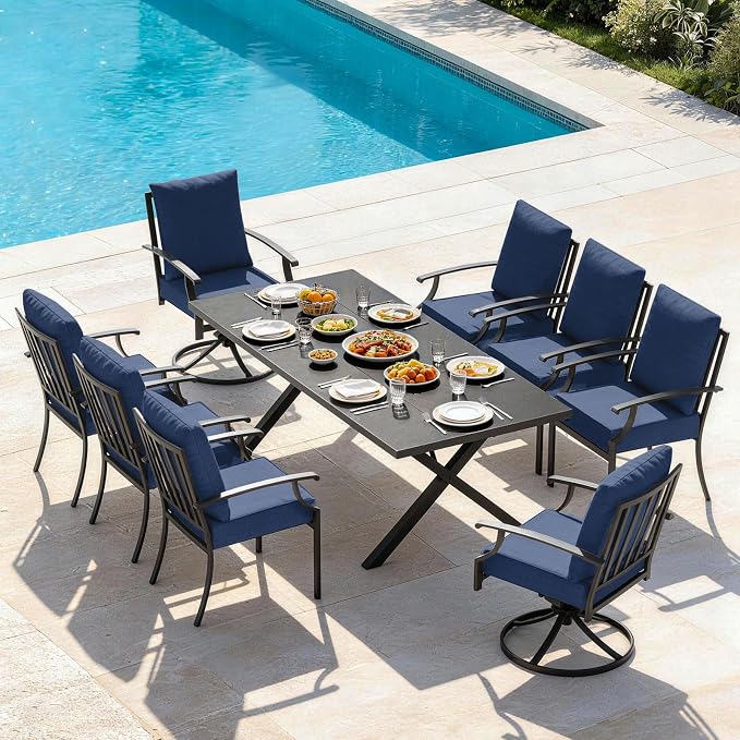 9 PCS Outdoor Patio Dining Set,Patio Table and Chairs Metal Outdoor Patio Furniture Set with Umbrella Hole,Dining Table Set with Swivel Chairs for Deck,Backyard and Garden,Navy Blue