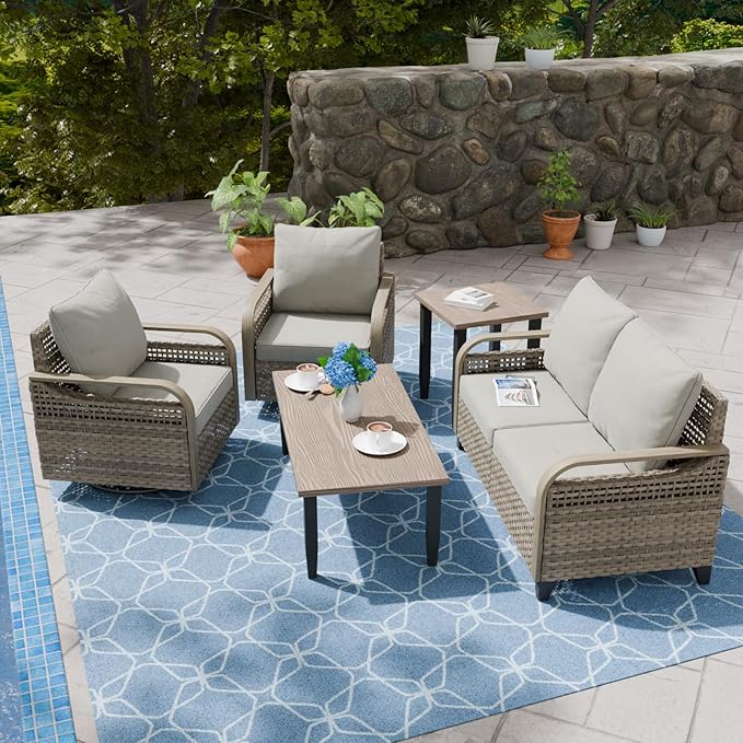 COOS BAY Modern Wicker Outdoor Furniture Set, 5 Piece Patio Conversation Set with 2 Swivel Rockers, a Loveseat, Coffee Table and Side Table, 5 Piece, Brown/Gray
