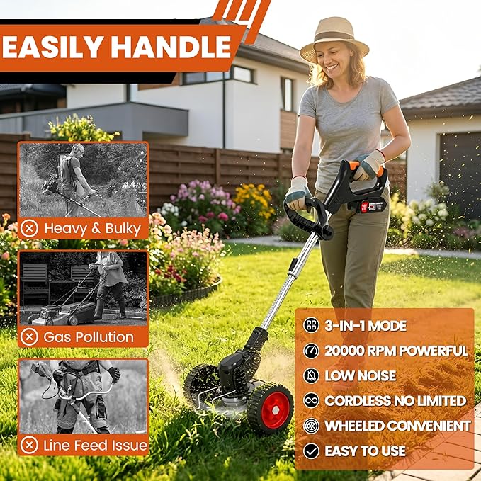Electric Weed Wacker Cordless Weed Eater 21V Battery Powered No String Trimmer,3 in 1 Lightweight Portable Edger Grass Trimmer/Brush Cutter/Lawn Mower with 4 Types Blades & Wheels for Yard and Garden