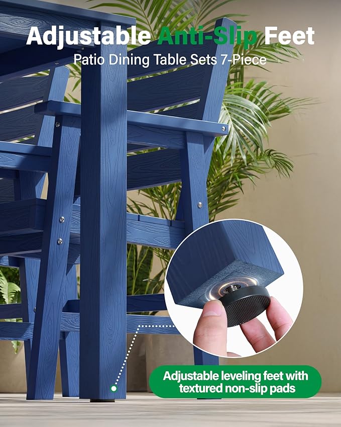 YEFU HIPS Patio Dining Sets: 7-Piece All-Weather Outdoor Table and Chairs with Umbrella Hole - Low-Maintenance Patio Dining Set for 6 Modern Furniture with Aluminum Frame for Family with Deck Blue