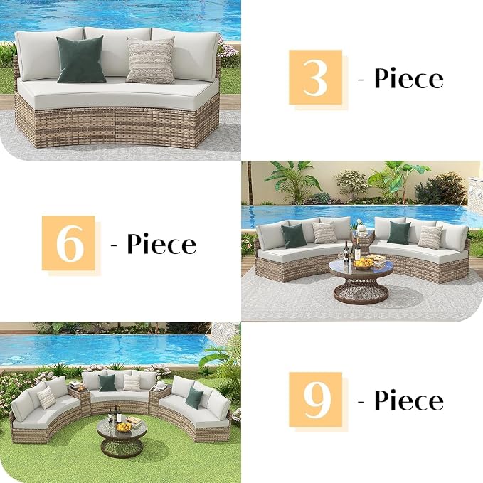 Jocisland 3-Piece All-Weather Wicker Conversation Set, Half-Moon Outdoor Sectional Sofa with Removable Cushions, Rattan Patio Furniture Set for Backyard, Garden & Deck, Beige