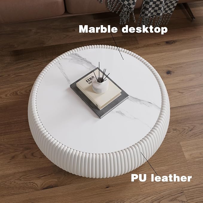 27.55" Round Coffee Table with Marble Top, Luxury Sintered Stone Coffee Table PU Leather Drum Center Tables Circle Cocktail Tea Table for Living Room Apartment No Assembly Cream White