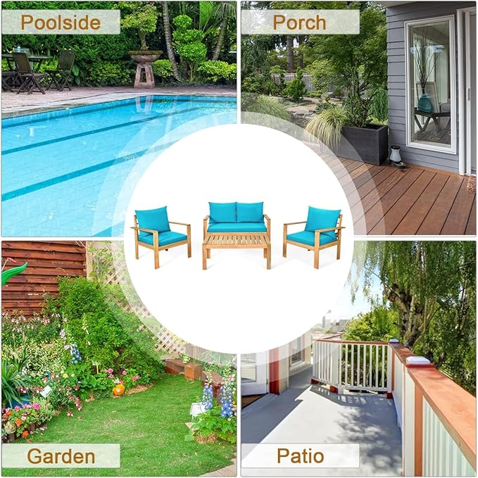 HAPPYGRILL 4 Pieces Wood Patio Conversation Set, Outdoor Furniture Set Wood Sofa Table Set with Cushions, Acacia Wood Chairs & Coffee Table Set for Garden Backyard Poolside