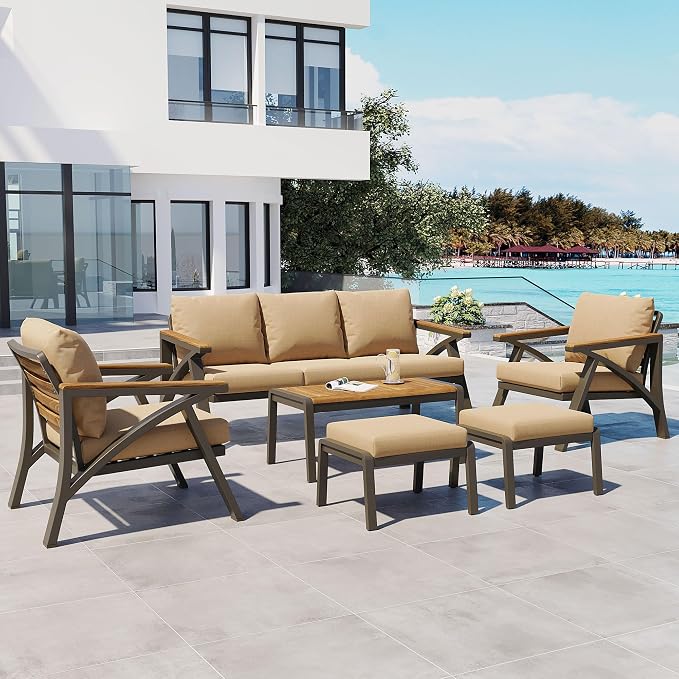 JIVOIT Outdoor Patio Furniture Set, 6-Piece Steel Frame Sofa Set with Acacia Wood Coffee Table, 3-Seat Couch, 2 Armchairs, 2 Ottomans, Cushioned Seating for Backyard, Garden, Poolside (Brown/51)