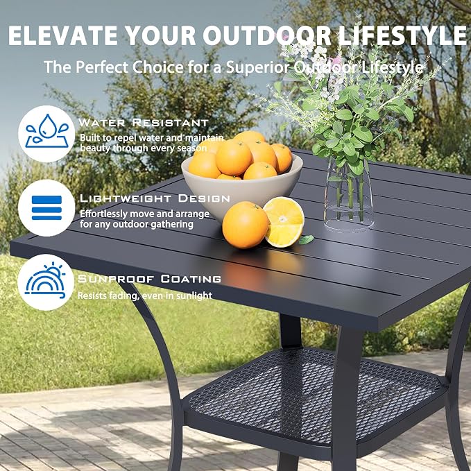 27.5'' Outdoor Patio Table with Storage Shelf, Heavy Duty 400lbs Capacity Square Metal Garden Table, All-Weather Black Tabletop for Deck, Balcony, Bistro, 2-4 Person